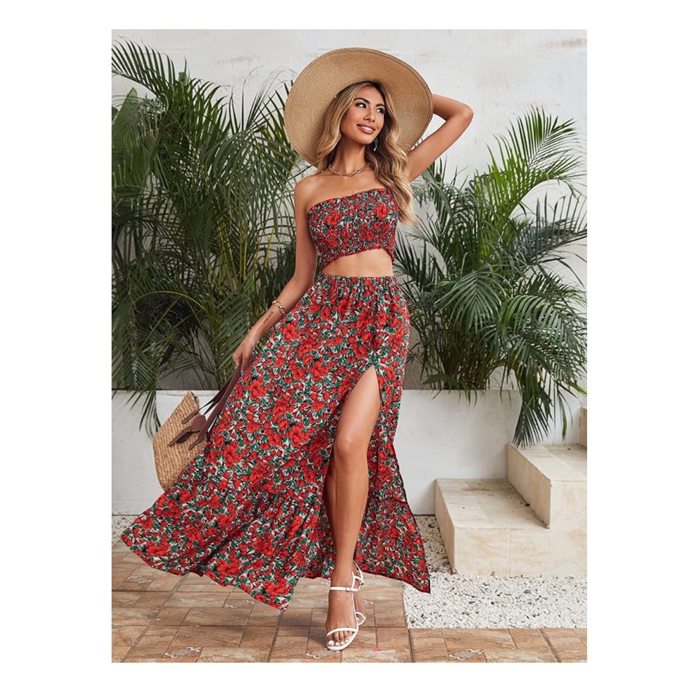 Floerns Womens Summer Printed 2 Piece outfit. Red Floral